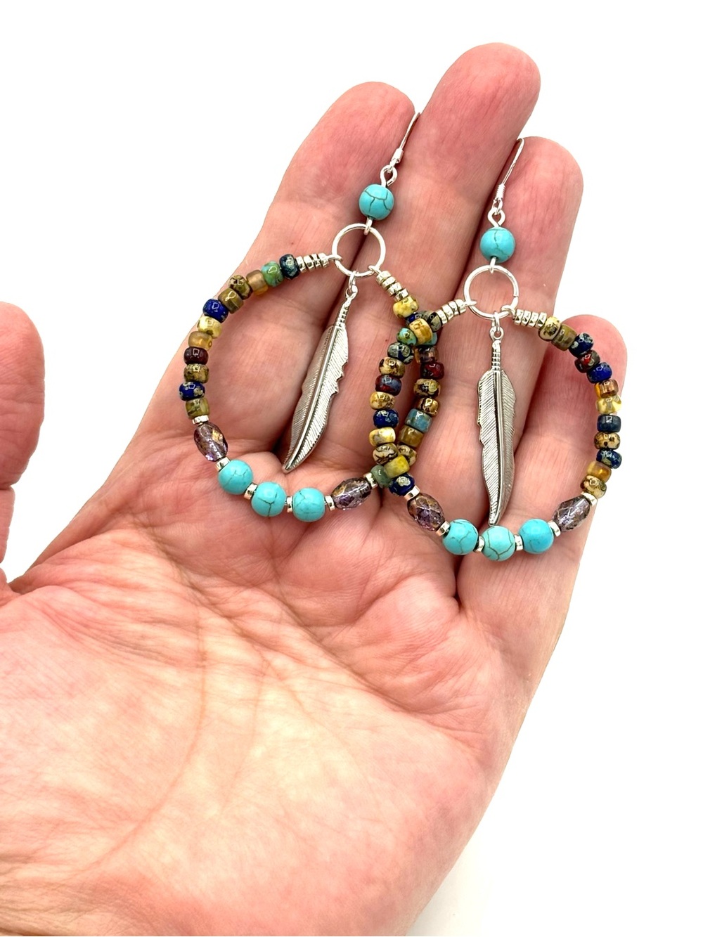 Hand Crafted Turquoise Howlite Beaded Feather Hoop Earrings - Women Jewelry - Picture 8 of 8